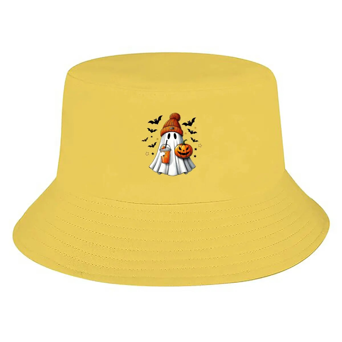 Cute Halloween Ghost With Knitted Beanie Pumpkin And Bubble Tea Bucket Hat