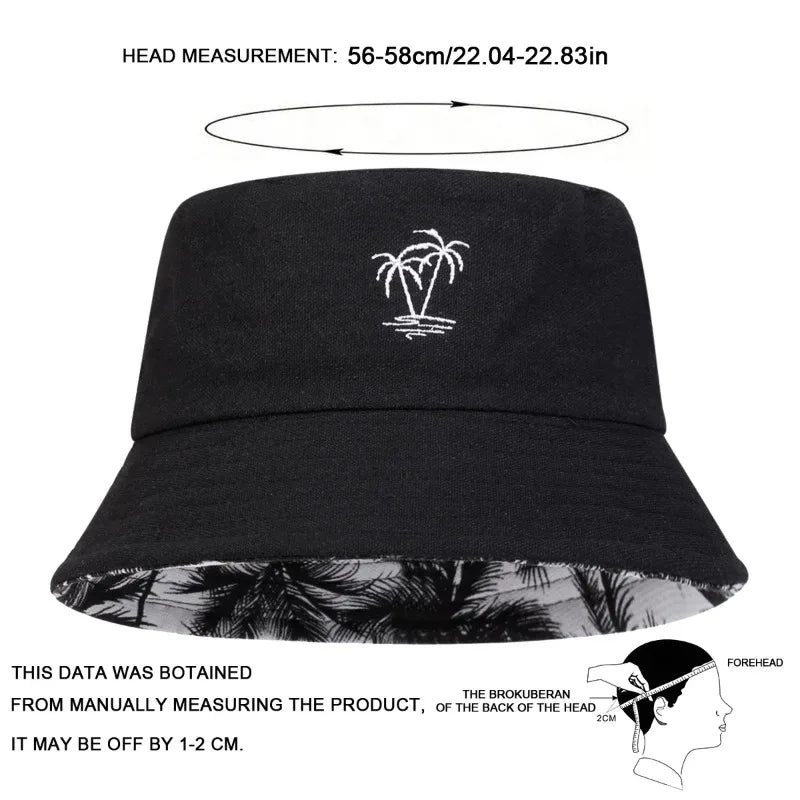 Unisex Coconut Tree Embroidery Double Sided Wearing Bucket Hats