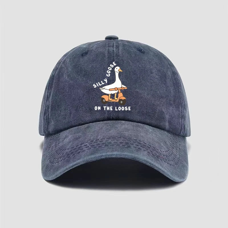 Skateboarding Duck Print Washed Baseball Cap