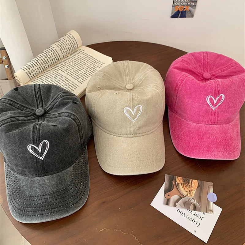 Baseball Cap Peach Heart Embroidered Wash Denim