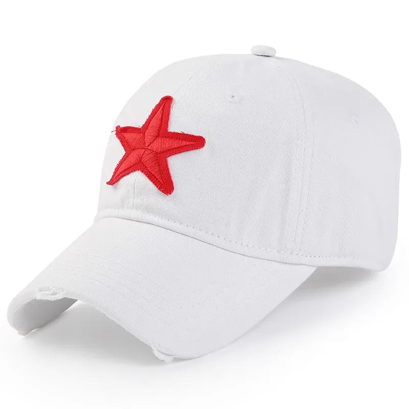 Vintage Distressed Baseball Cap with Red Star Embroidered Patch Ladies Cotton
