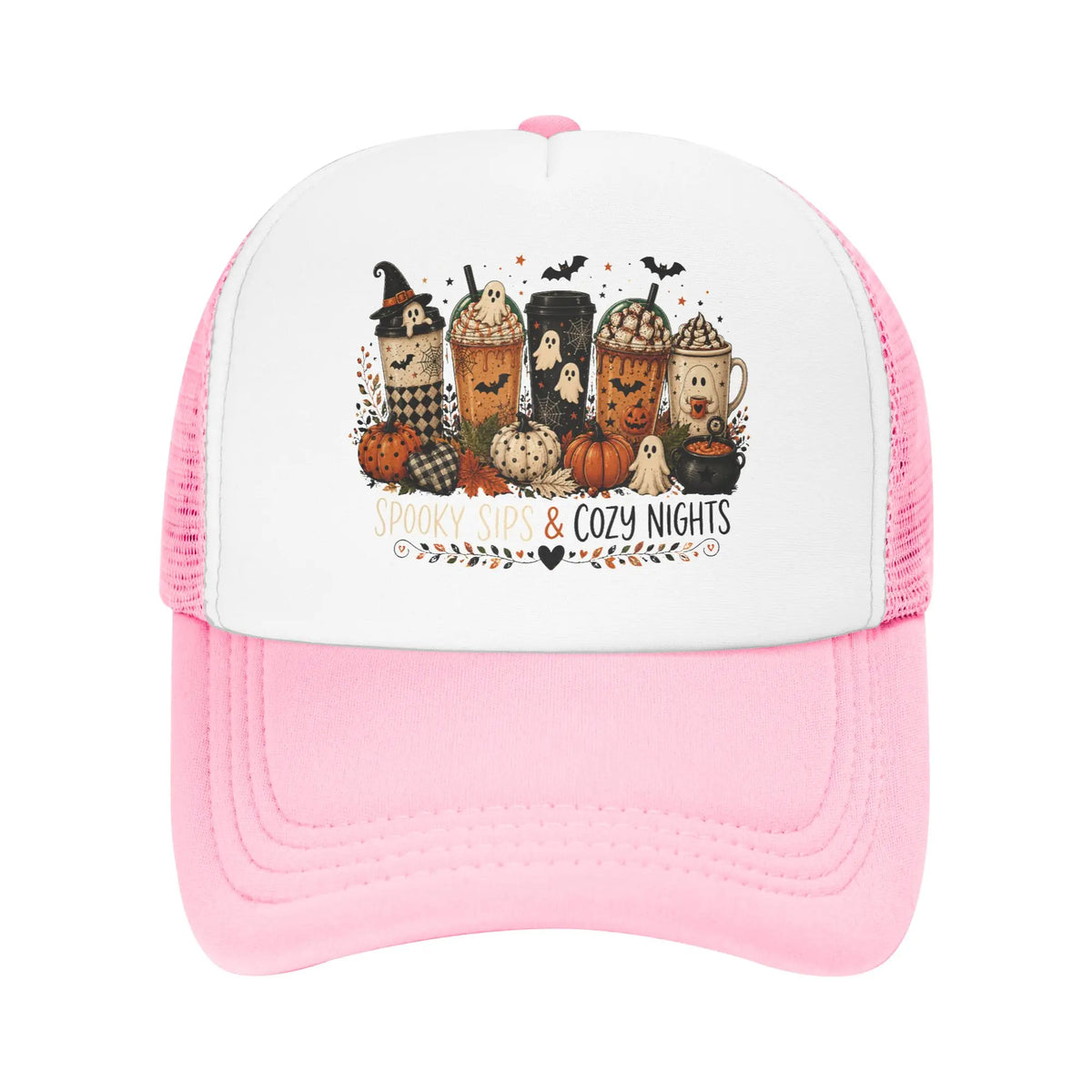 Unisex Coffee Ghost Spooky Fall Trucker Hats Mesh Baseball Cap