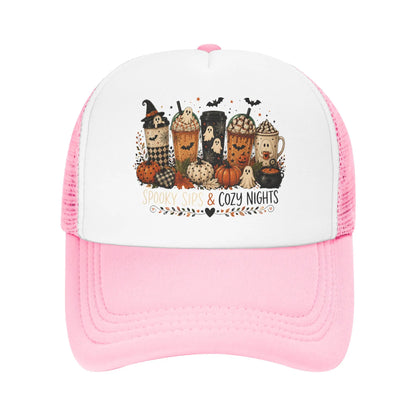 Unisex Coffee Ghost Spooky Fall Trucker Hats Mesh Baseball Cap