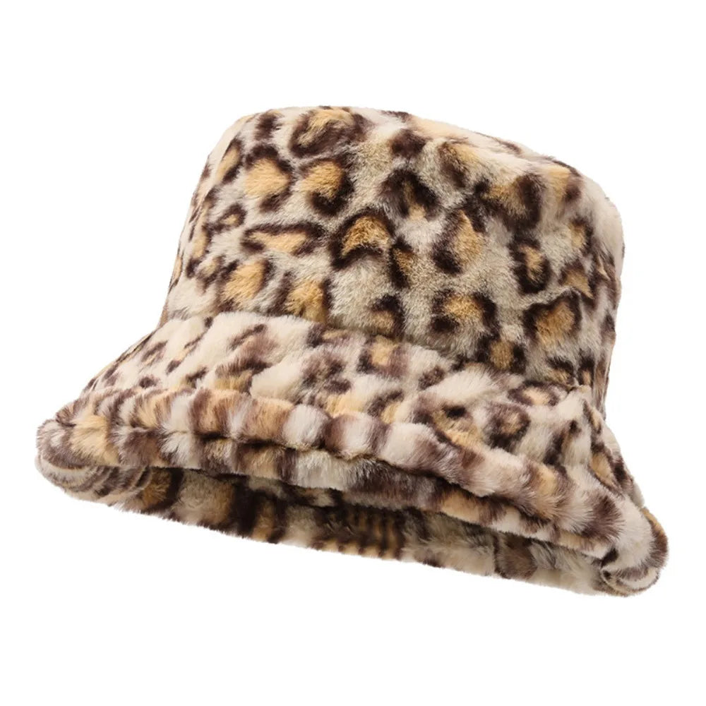 Versatile Korean Style Leopard Print Bucket Hat Winter Warm Hat For Girls