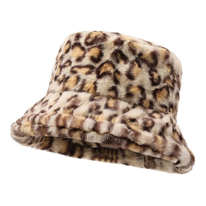 Versatile Korean Style Leopard Print Bucket Hat Winter Warm Hat For Girls