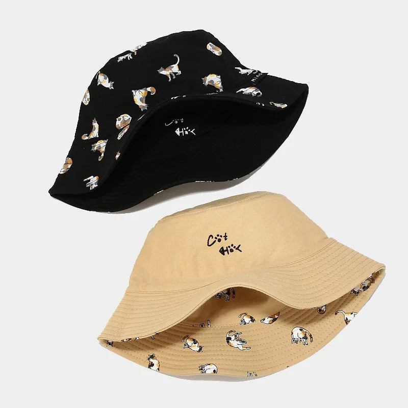Cotton Cartoon Cat Embroidery Bucket Hat