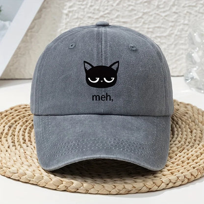 Cartoon Black Cat Print Vintage Washed Baseball Cap