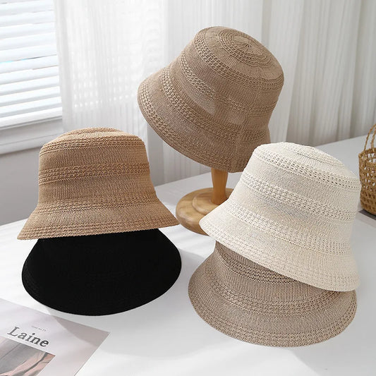 Spring Summer Hat Women Hollow Breathable Knitted Bucket Hat