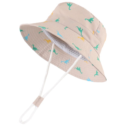 Dinosaur Wide Brim Summer Outdoor Hat Cotton Bucket Hat With Chin Strap