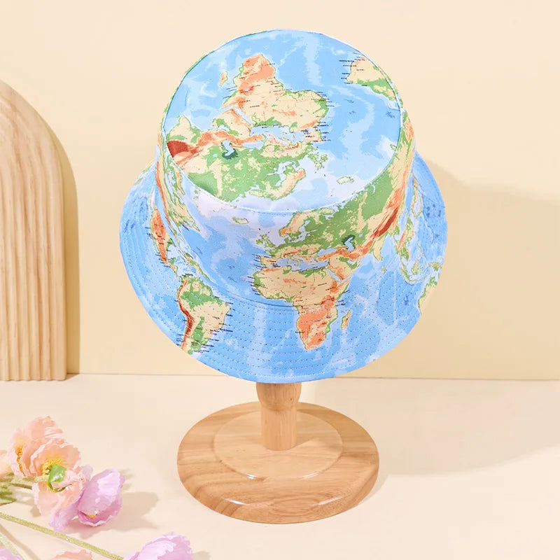 World Map Print Fisherman Hat Breathable Foldable Bucket Hat