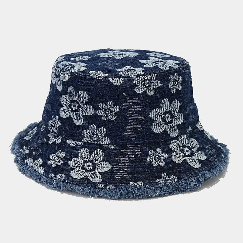 Four Seasons Denim Cartoon Flower Embroidery Bucket Hat