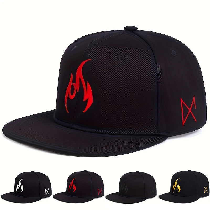Unisex Flame Embroidery Hip-hop Hats Snapback Cap Spring Autumn