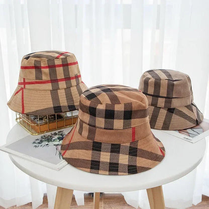 Women Bucket Hats Foldable Plaid Pattern Sun Hats Japanese Casual Winter Warm