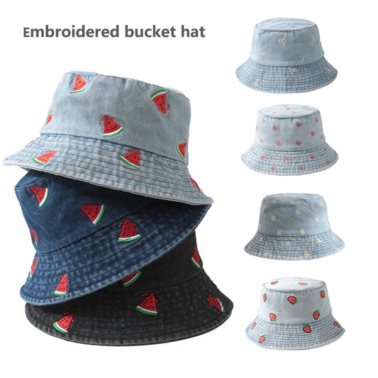 Emboridery Denim Bucket Hat Summer Travel Beach Sun Hats  for Women Men