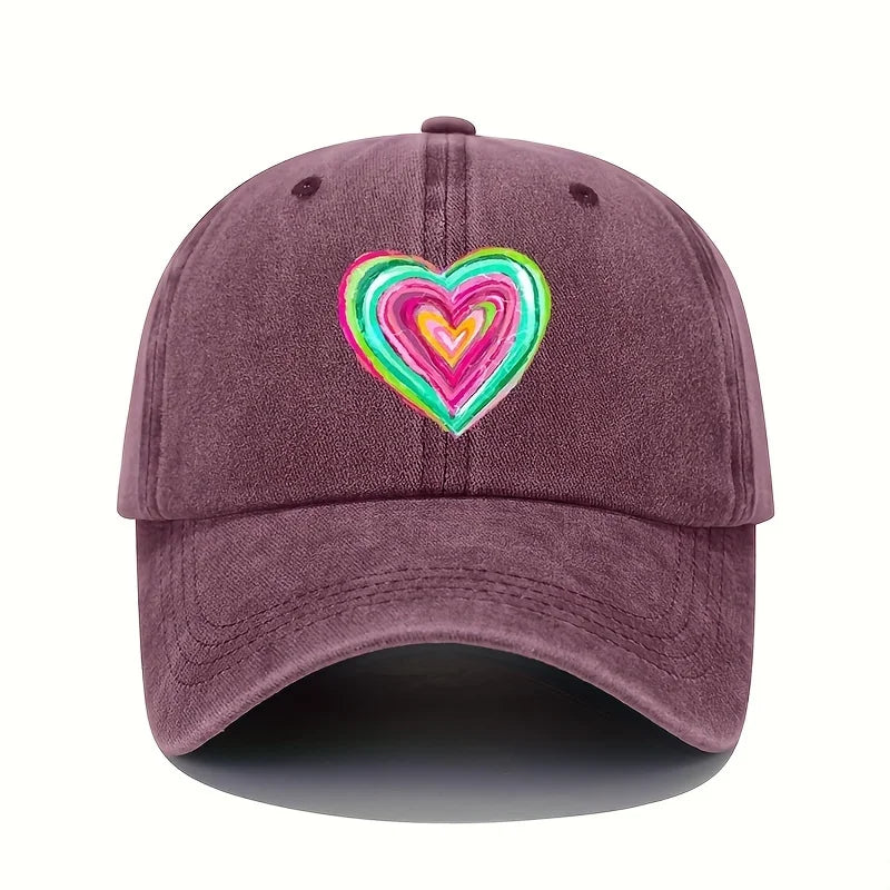 Vintage Baseball Cap With Vibrant Heart-Shaped Print