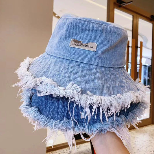 Korean Denim Bucket Hat For Women Vintage Metal Label Fisherman Cap