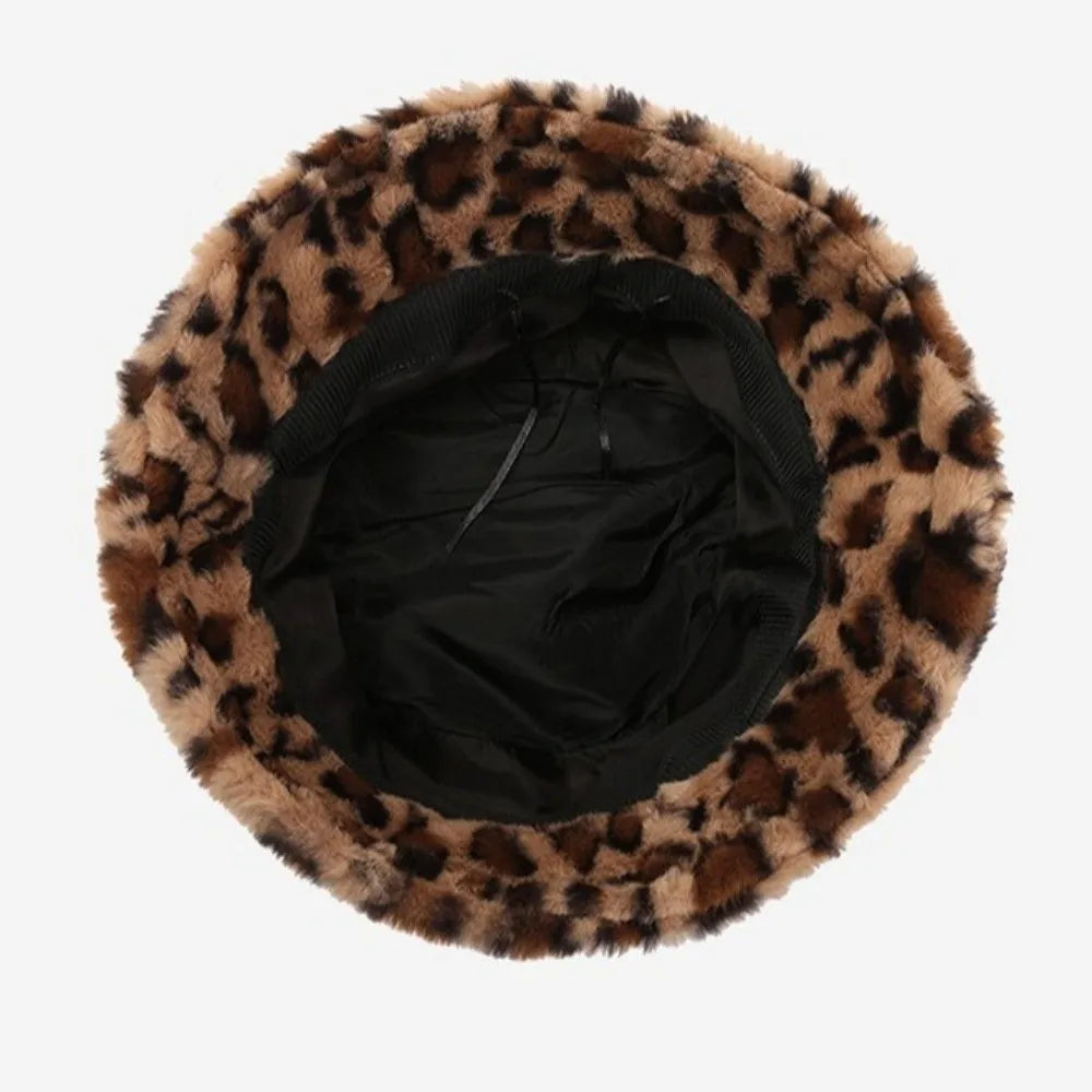 Versatile Korean Style Leopard Print Bucket Hat Winter Warm Hat For Girls