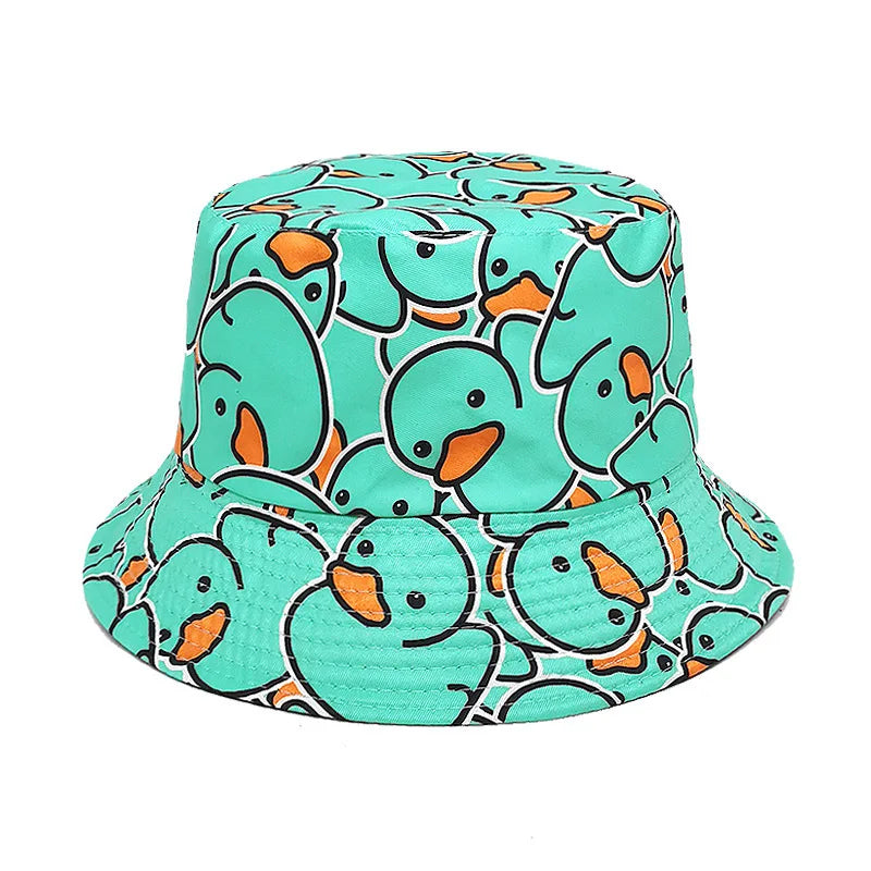 Double-sided Yellow Duck Print Pattern Panama Summer Sunscreen Fisherman Cap Bucket Hat