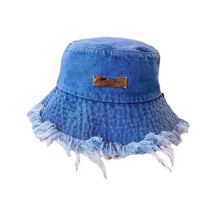 Summer Unisex Tassel Washed Denim Bucket Hats Fashion for Women