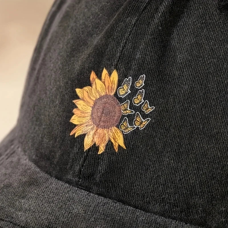 Sunflower Printed Baseball Cap With Retro Washed Soft Top Cap