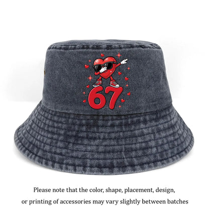 A Washed Denim Bucket Hat With A Sunglasses Heart Number