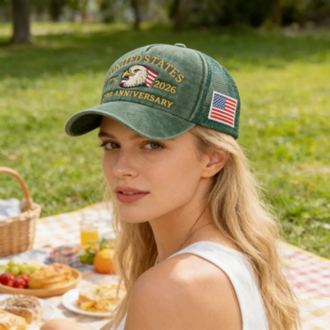United States 250th Anniversary 1776-2026 Bald Eagle Embroidered Washed Mesh Baseball Cap