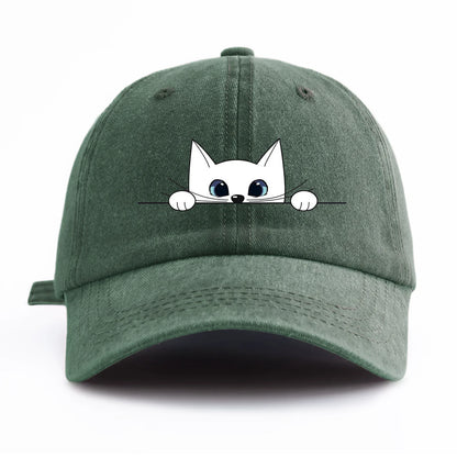 Cute Peeking White Cat Washed Baseball Cap
