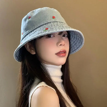 New Summer Hat For Women Denim Bucket Hat Embroidery Heart Butterfly Daisy