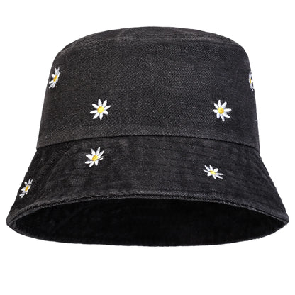 Unisex Daisy Embroidery Denim Bucket Hats