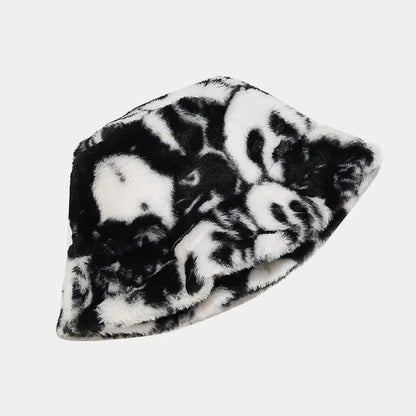 Panda Print Faux Fur Bucket Hat Winter Cap For Women Men