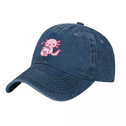 Cute Axolotl Drinking Milk Washed Denim Baseball Cap
