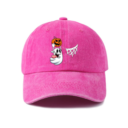 Vintage Washed Ghost Pumpkin Spider Web Graphic Baseball Cap