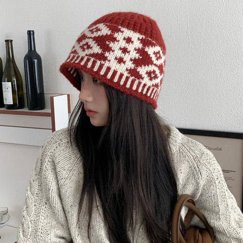 Winter Warm Knitted Hat for Women Retro Embroidered Wool Blend Bucket Hats