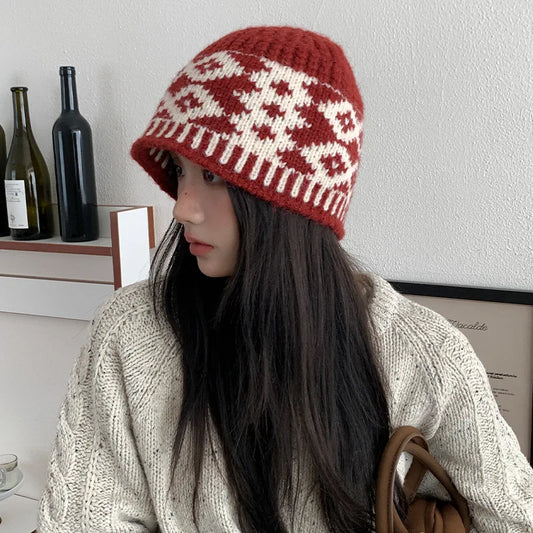 Winter Warm Knitted Hat for Women Retro Embroidered Wool Blend Bucket Hats