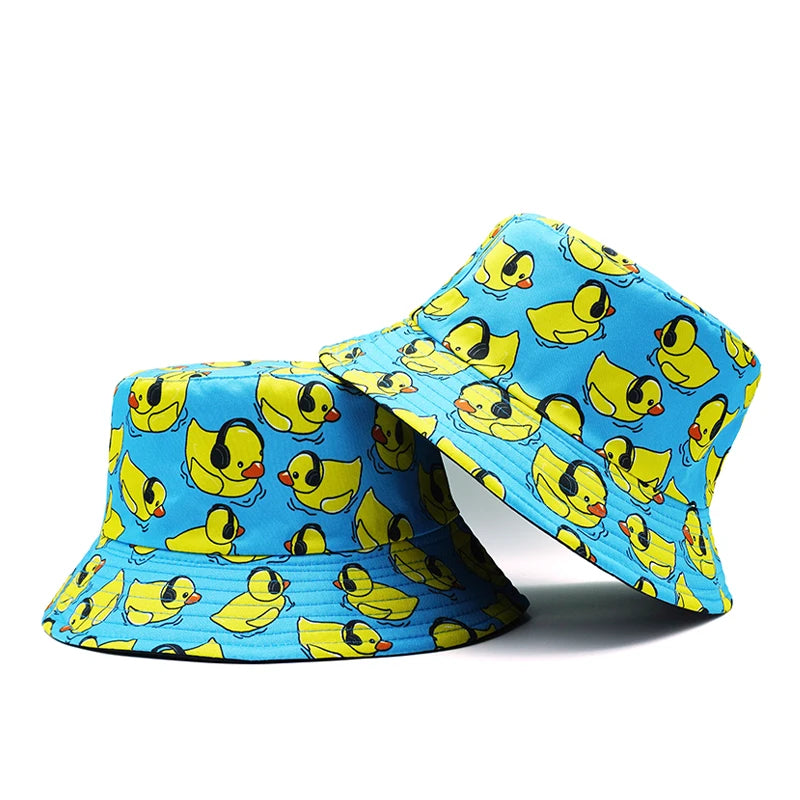 Top Music Duck Bucket Hat Earphone Headphone Pop Cartoon Printing Pattern Fisherman Hats