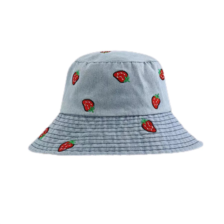 Spring Summer Strawberry Embroidery Denim Jeans Bucket Hat For Men Women