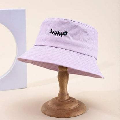 Bucket Hats Embroidery Fishbone Pattern Fisherman Cap Candy Colors Hat For Women Men