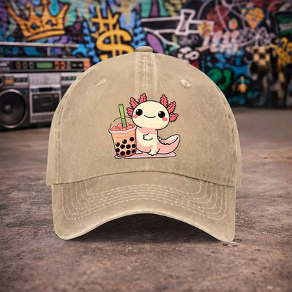 Cute Axolotl Bubble Tea Vintage Washed Baseball Cap