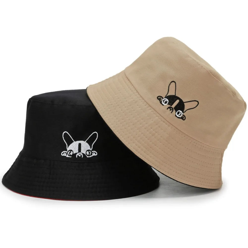 Portable Double-sided Wear Bucket Hat Cute Dog Embroidered Japanese Style
