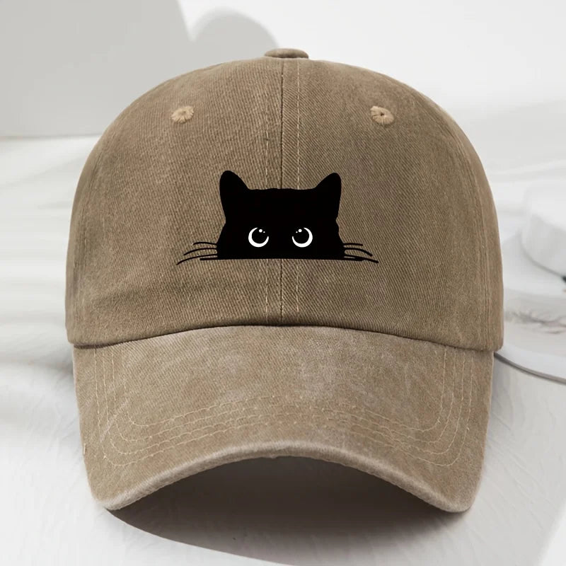 Cute Cat Print Vintage Washed Baseball Cap For Men Women