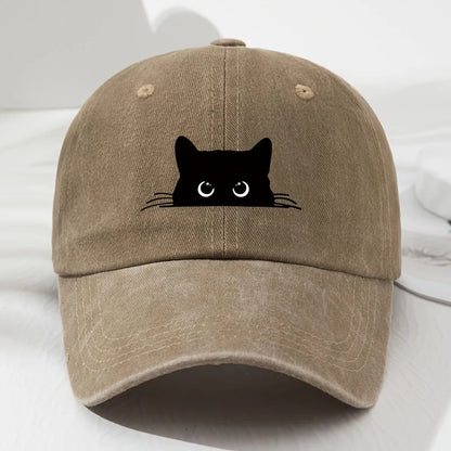 Cute Cat Print Vintage Washed Baseball Cap For Men Women