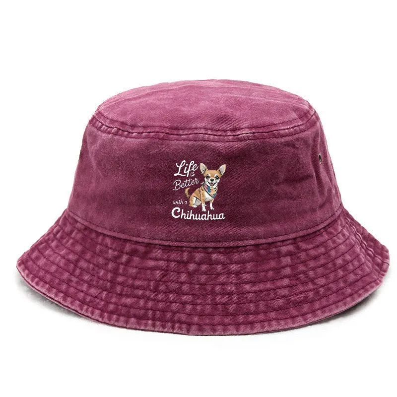Chihuahua Lover Washed Bucket Hat Vintage Cute Dog Pattern Distressed Cotton