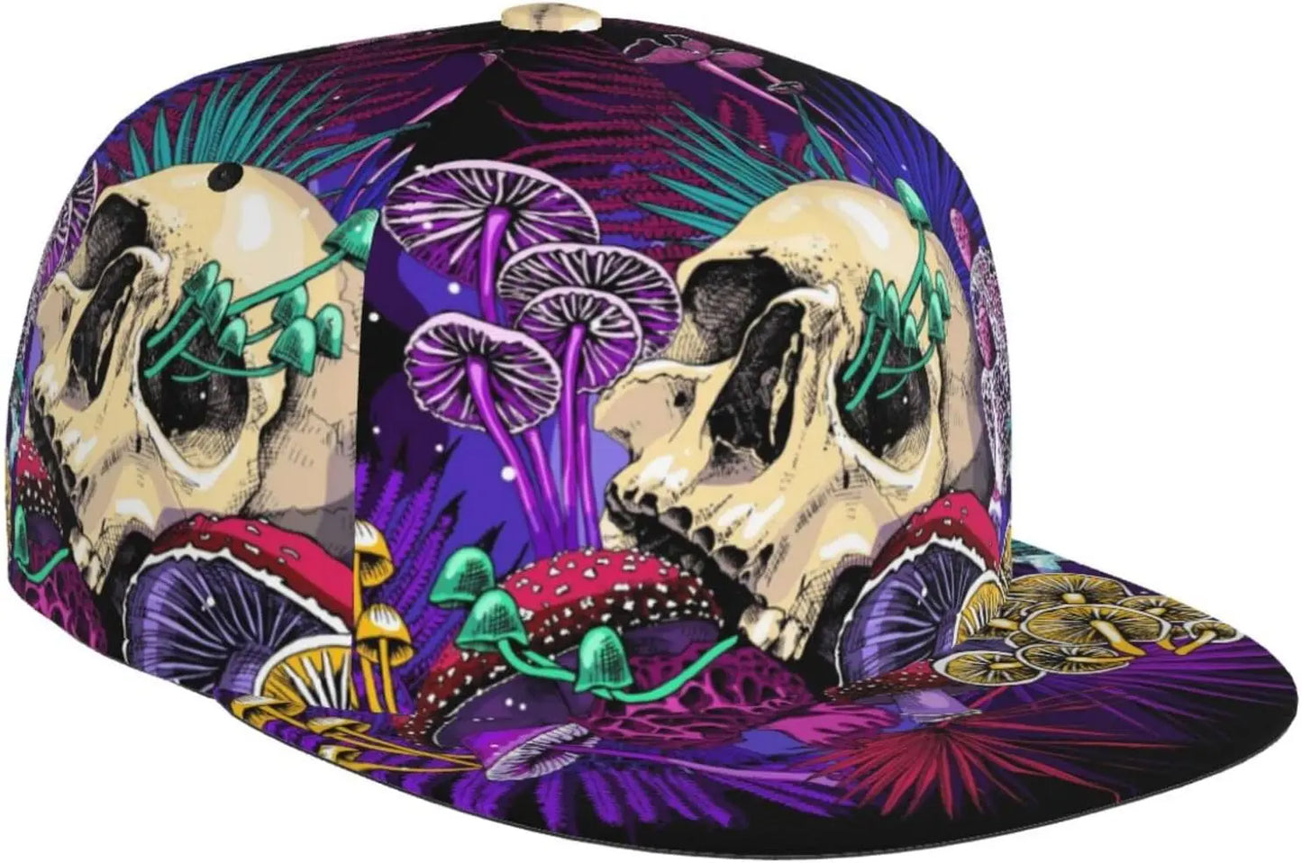 Mushrooms And Skull Flat Bill Visor Snapback Hat For Men Women