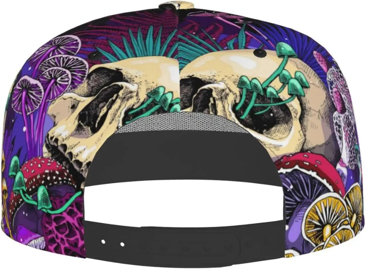 Mushrooms And Skull Flat Bill Visor Snapback Hat For Men Women