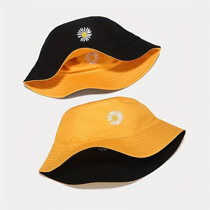 Unisex Daisy Print Bucket Hat - Black/Yellow Reversible Sun Hat