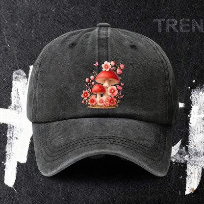 Baseball Cap with Mushroom and Flower Print