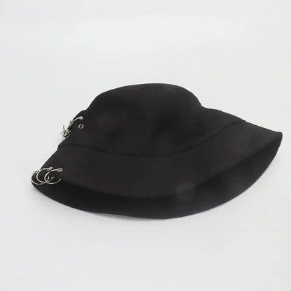 Bucket Hat Women Men Unisex Folding Fisherman Hat Black Metal Ring Flat Top Hip Hop Hats