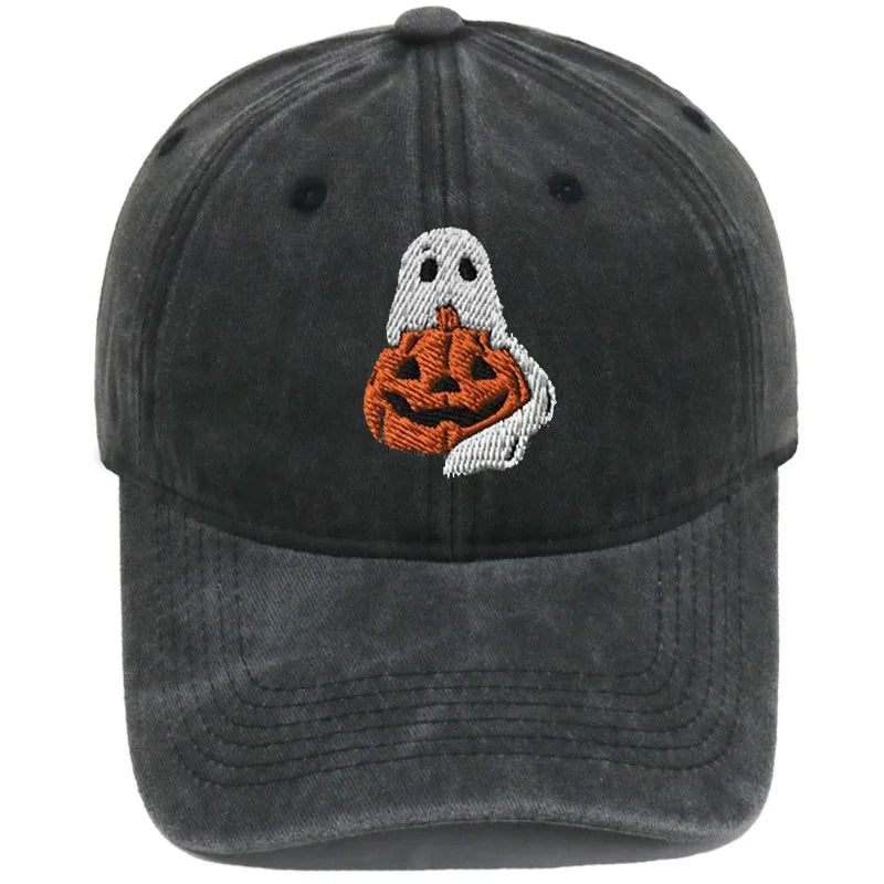 Vintage Washed Ghost Wrapping Pumpkin Embroidery Baseball Cap