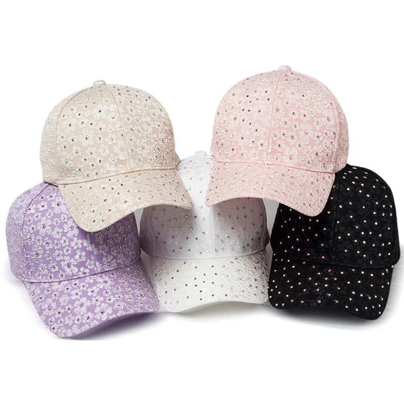 CNTANG Summer Women Rhinestone Baseball Cap Flower Embroidery Hats