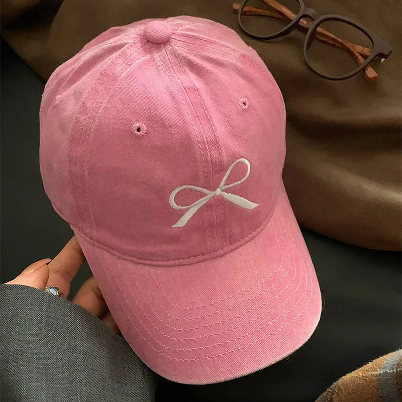 Pink Bow Baseball Cap For Women Y2K Korean Washed Denim Snapback Hat